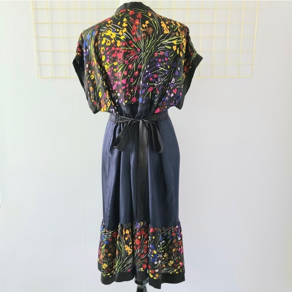 S O L D Fei Anthropologie Efflorescent 100% Silk Blue Floral Dress V-Neck Large - Picture 3 of 16